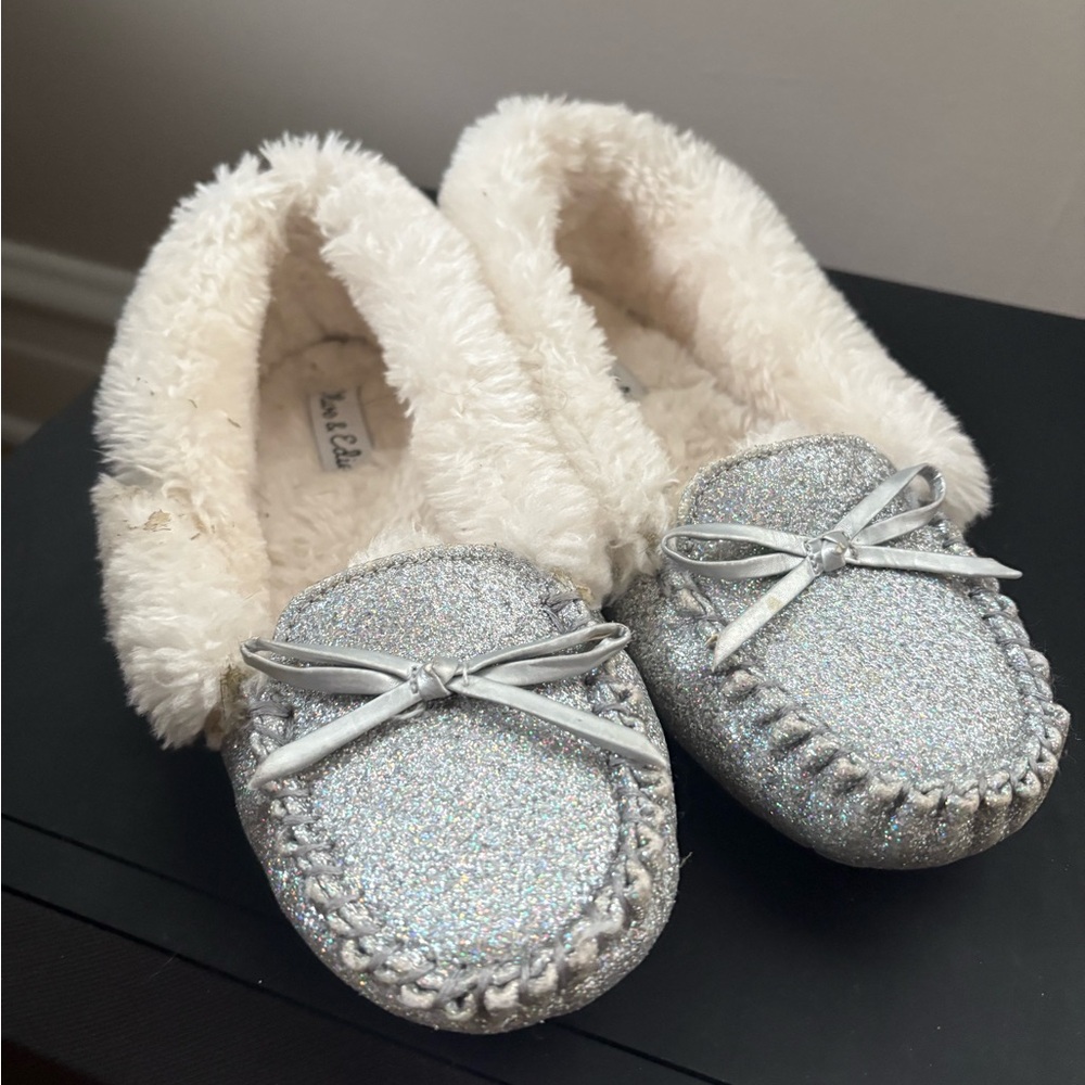 Glittery Silver Kids Slippers with Bow